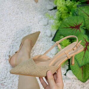 Apricot Casual Women's Ankle Strap High Heel French Sequins Bridal Sandals